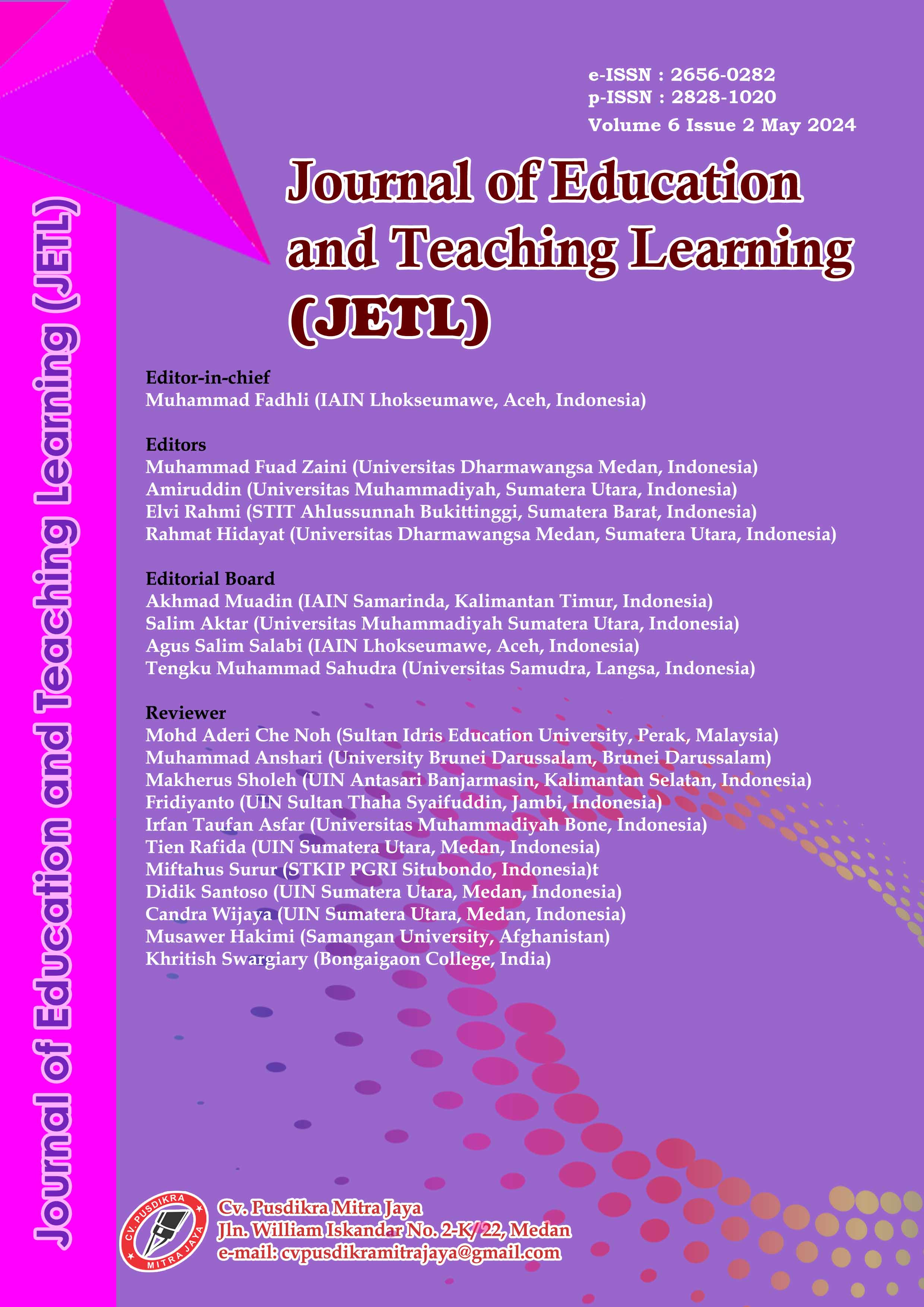 					View Vol. 6 No. 2 (2024): Journal of Education and Teaching Learning (JETL) | On Progress
				